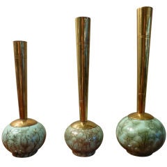 Trio Delft Ceramic and Brass Vases