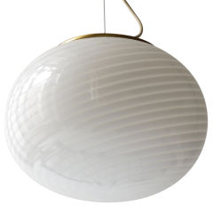 Venini Murano White Swirl Glass and Brass Pendant