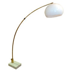 Large Brass Arc Marble Base Floor Lamp with White Shade