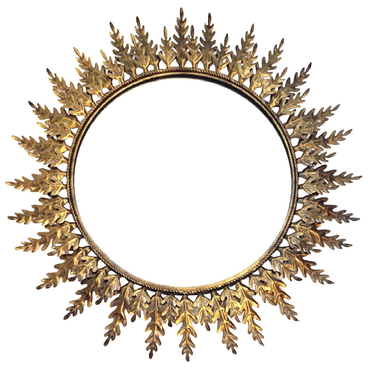 Large Sunburst Metal Mirror with Leaf Pattern For Sale