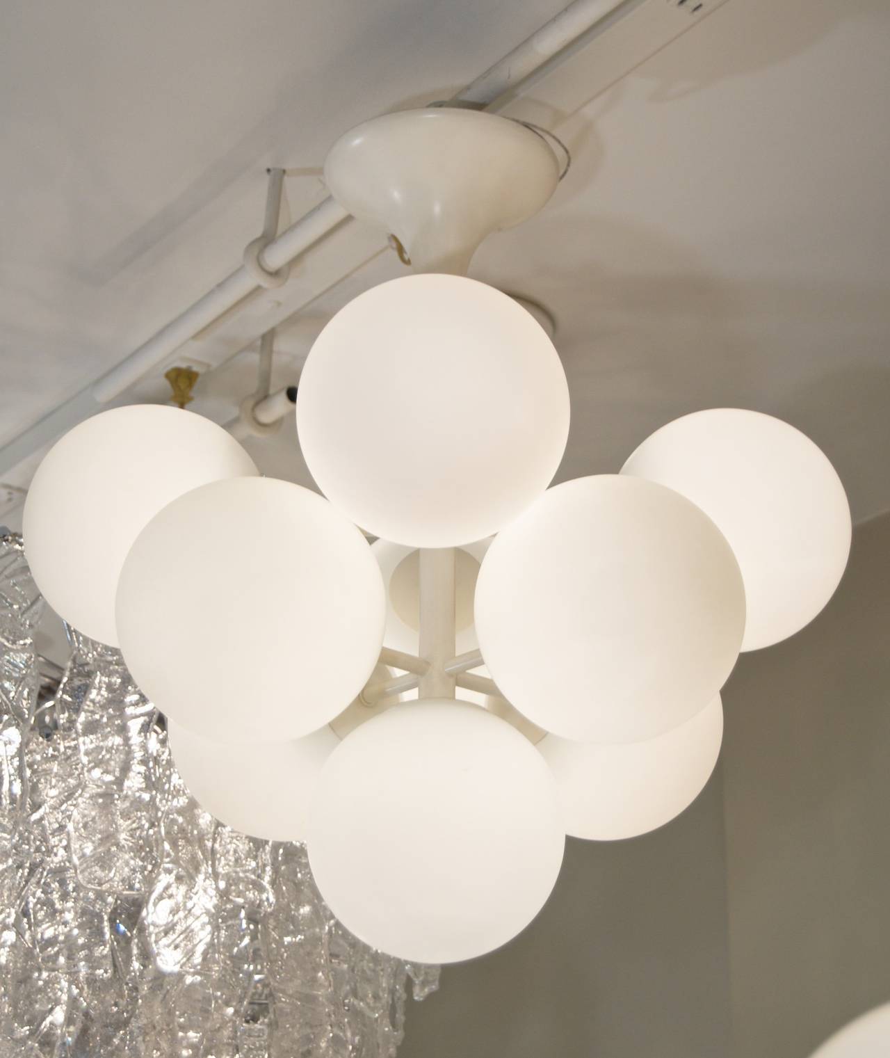 Rare Pyramid Atomic Chandelier in Brass with Opal Glass Globes