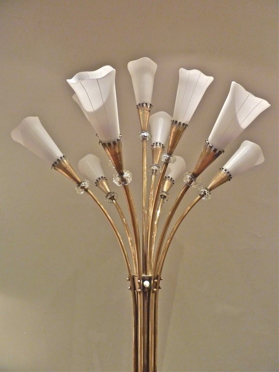 Art Nouveau  Brass and Crystal Torchiere Standing Lamp