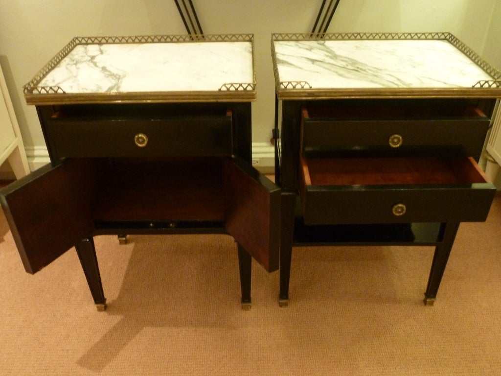 Pair of Black Lacquer Marble top Jansen Night stands at 1stdibs