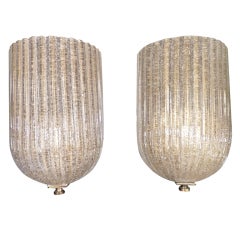 Pair Murano Gold Flecked Ribbed Glass Sconces