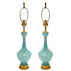 Pair of Murano Glass Lamps in Robin's Egg Blue Opaline