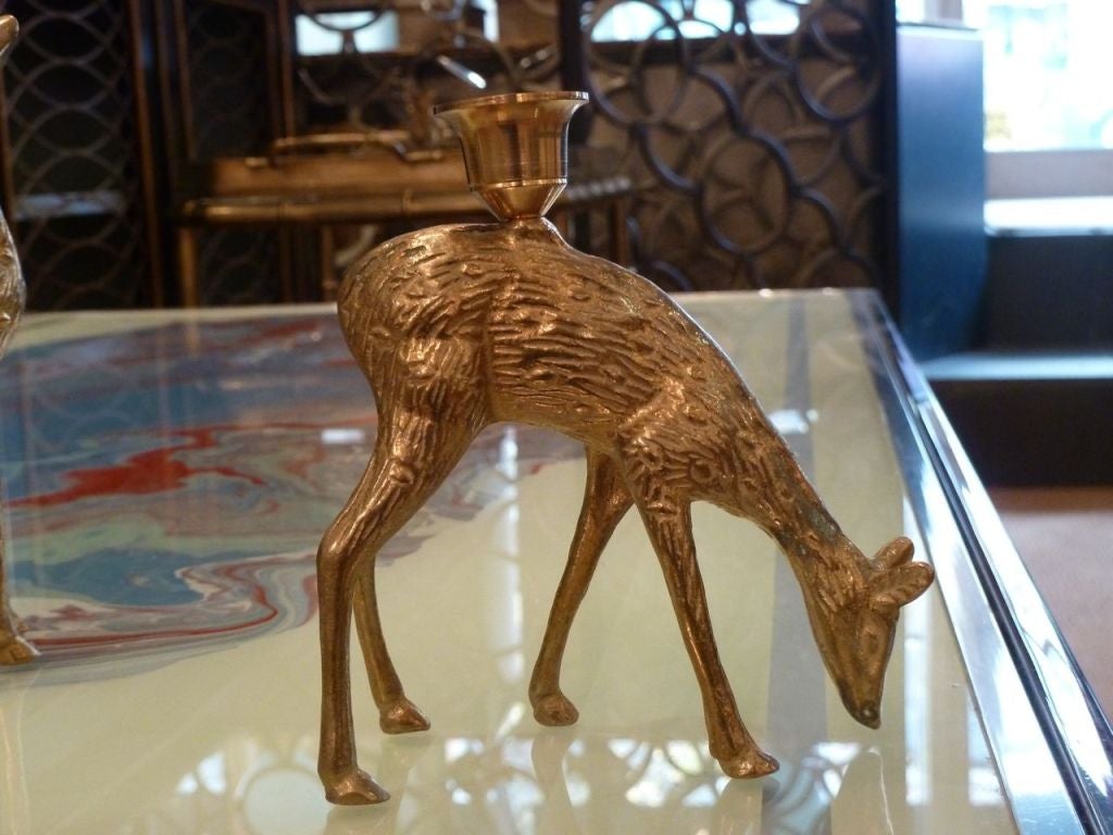 Pair of Brass Reindeer Candleholders.  Festive for the holidays or all year round.