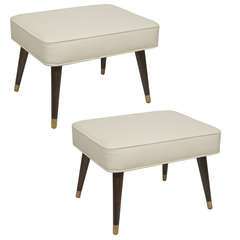 Pair of Mid-Century Benches/Ottomans in Cream Leather