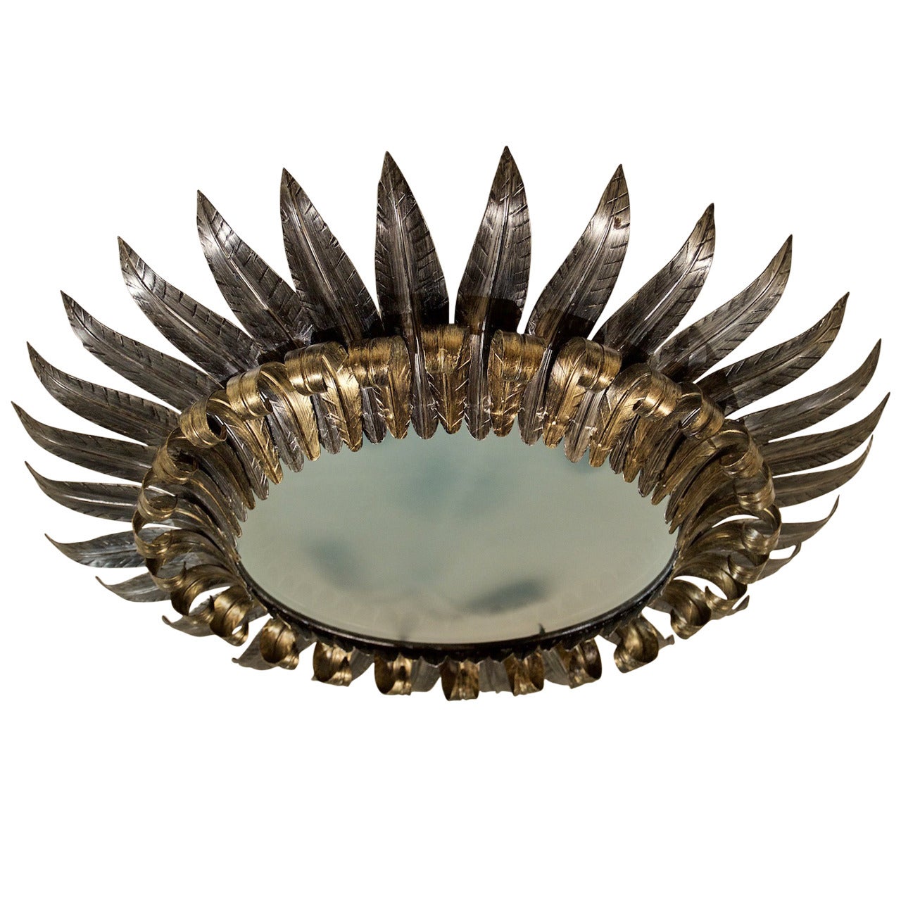 Grand Scale Spanish Gold and Silver Leaf Sunburst Ceiling Lamp