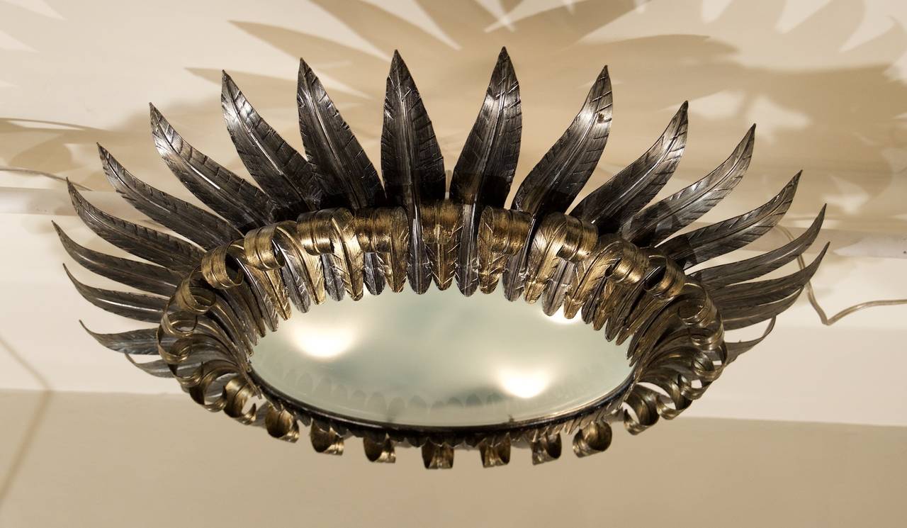 Grand Scale Spanish Gold and Silver Leaf Sunburst Ceiling Lamp In Excellent Condition In Stamford, CT