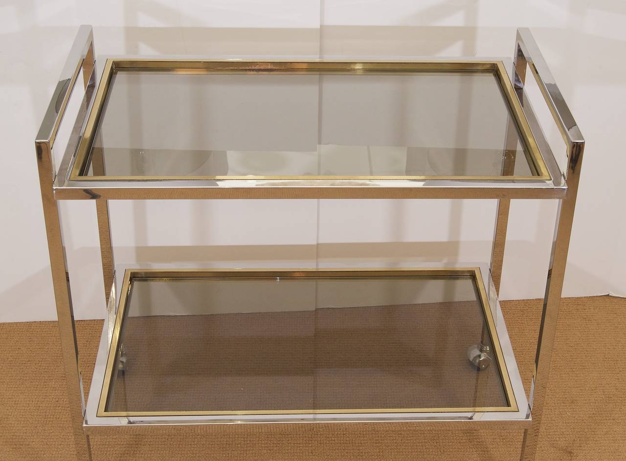 Italian Chrome and Brass Bar Cart in the Style of Romeo Rega In Excellent Condition In Stamford, CT