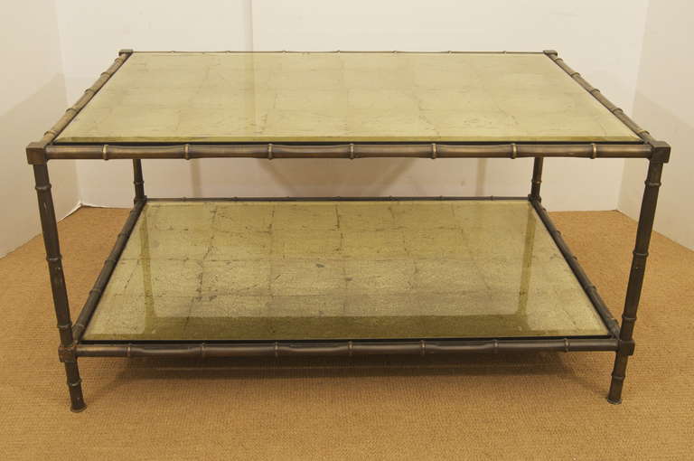 American Bronze Faux Bamboo Coffee Table with Gilt Glass