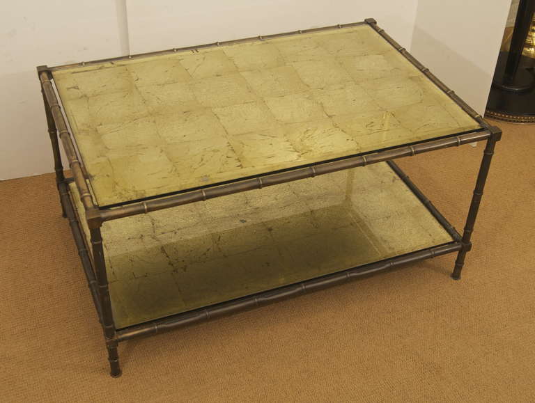 Bronze Faux Bamboo Coffee Table with Gilt Glass In Excellent Condition In Stamford, CT