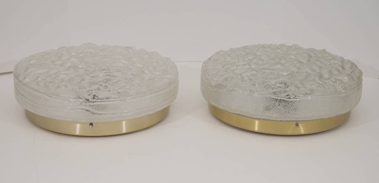 Mid-Century Modern Pair of Large Doria Crackle-Glass Flush Mounts with Brass