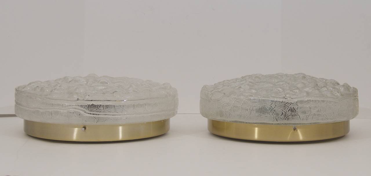 German Pair of Large Doria Crackle-Glass Flush Mounts with Brass