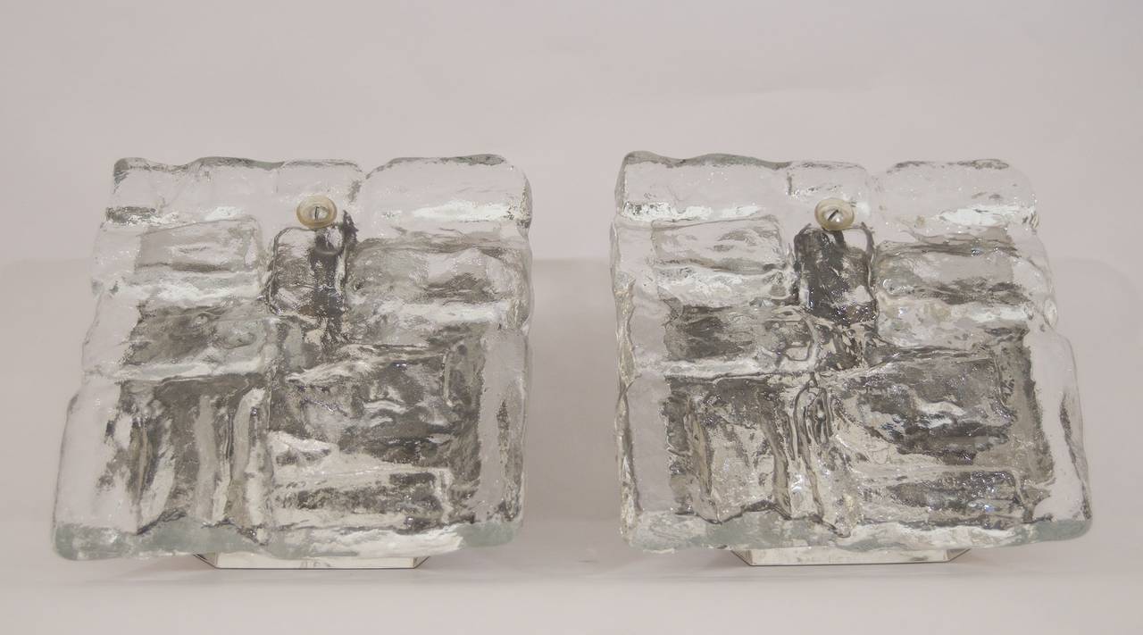 Mid-Century Modern Pair of Kalmar Ice Glass Block Sconces