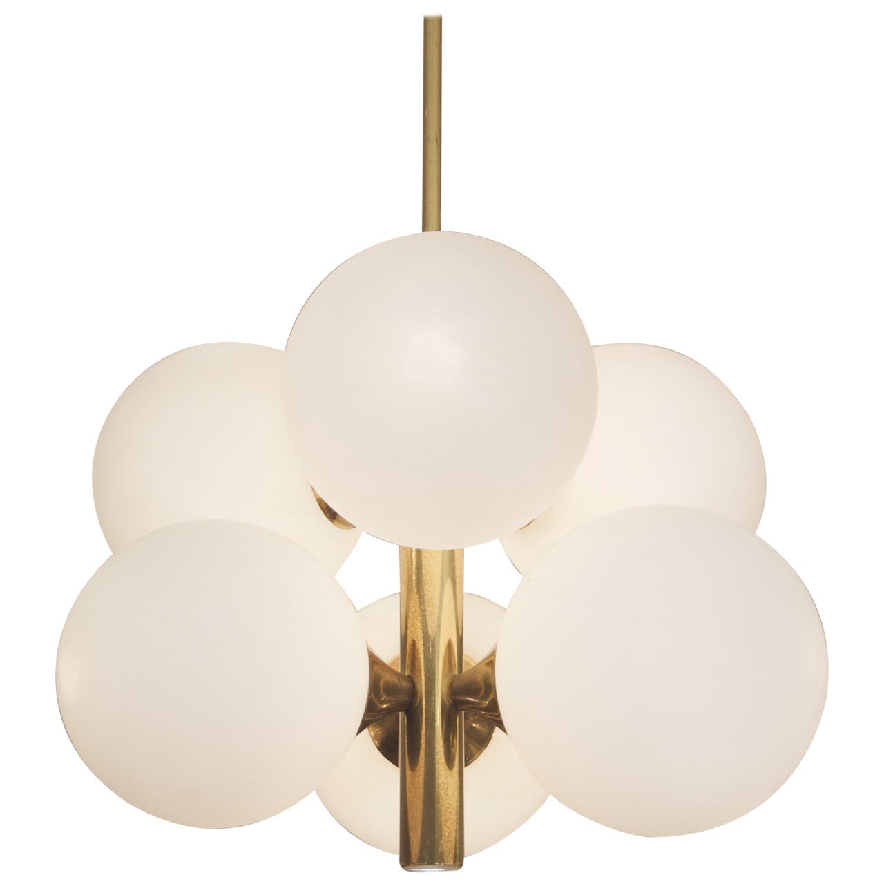 Six Globe Opal and Brass Chandelier