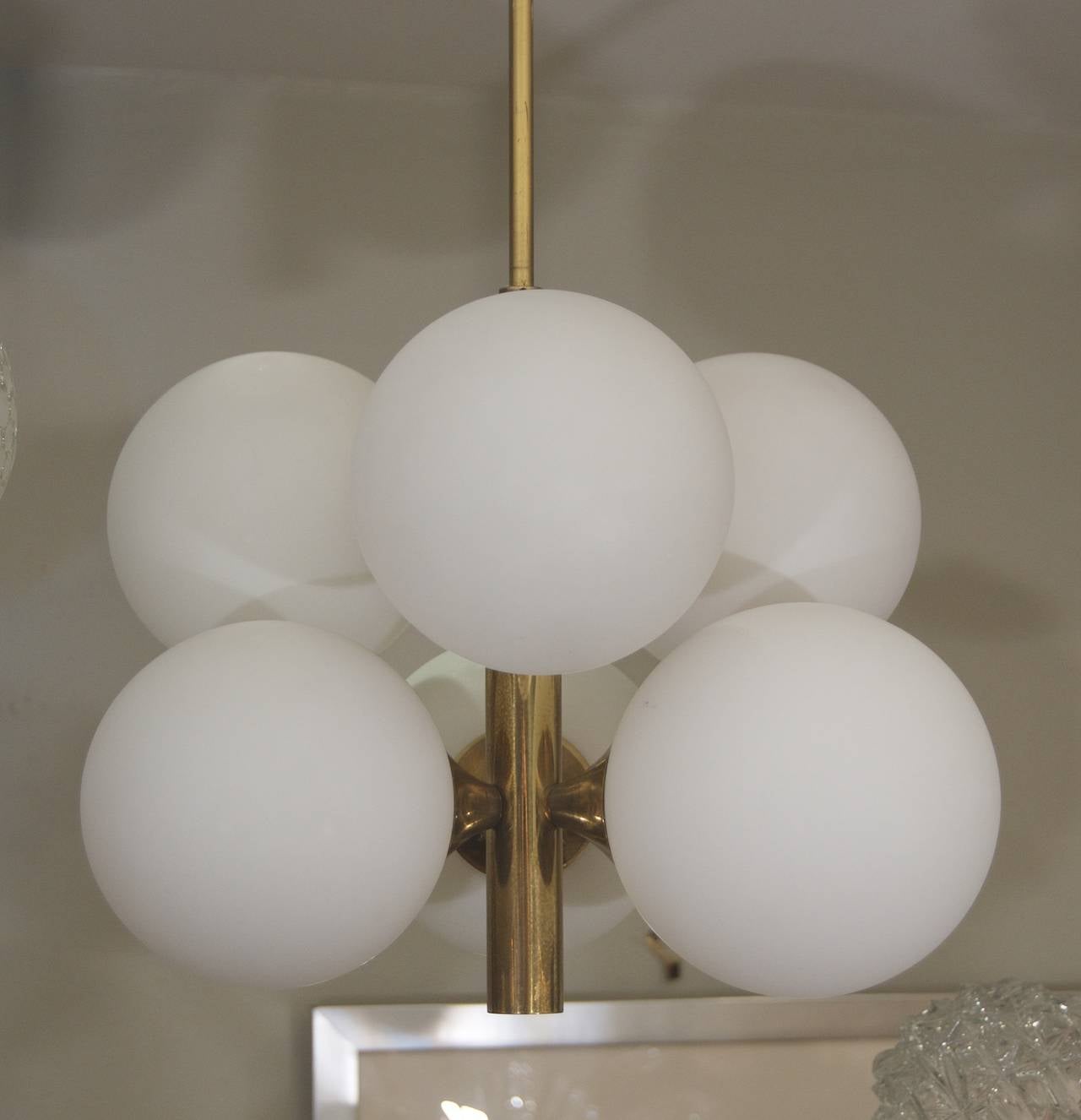 Six Globe Opal and Brass Chandelier In Excellent Condition In Stamford, CT