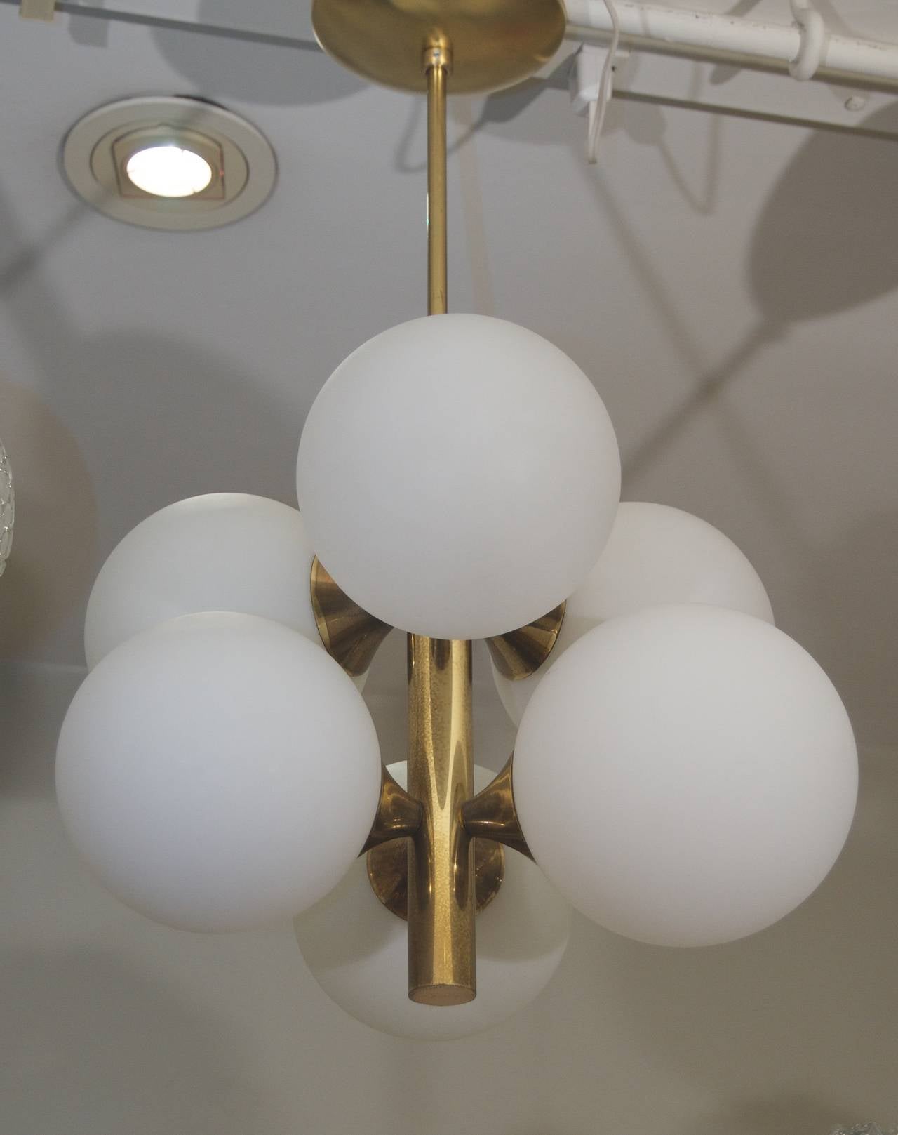 Late 20th Century Six Globe Opal and Brass Chandelier