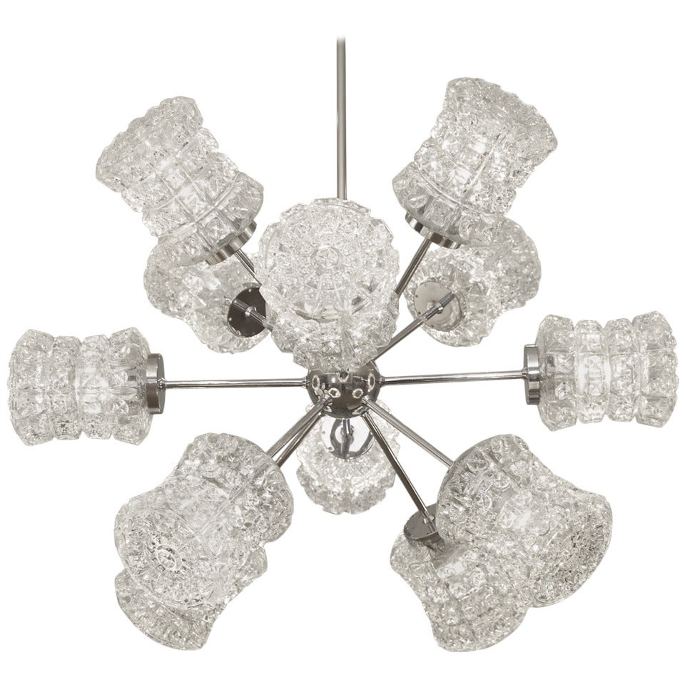 Excellent Twelve Arm Sputnik in Nickel with Geometric Glass