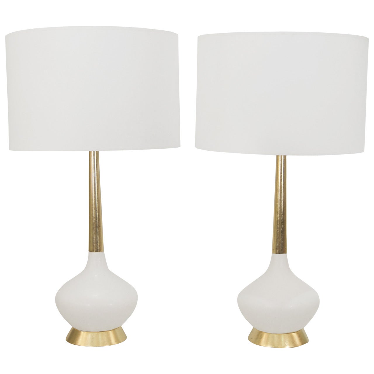 Pair of Ceramic and Gold Leafed Mid-Century Table Lamps