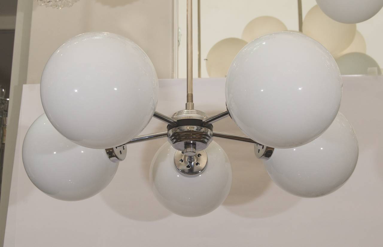 Mid-Century Modern Five-Arm Gloss Opal Glass Chandelier