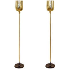 Pair of Pierced Brass Torchiere Floor Lamps With Enamel Bases
