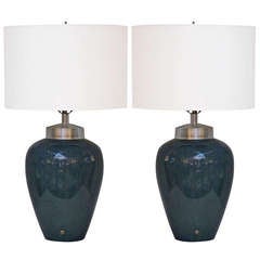 Pair of Porcelain Lamps in Teal with Silver Leafed Mounts 6