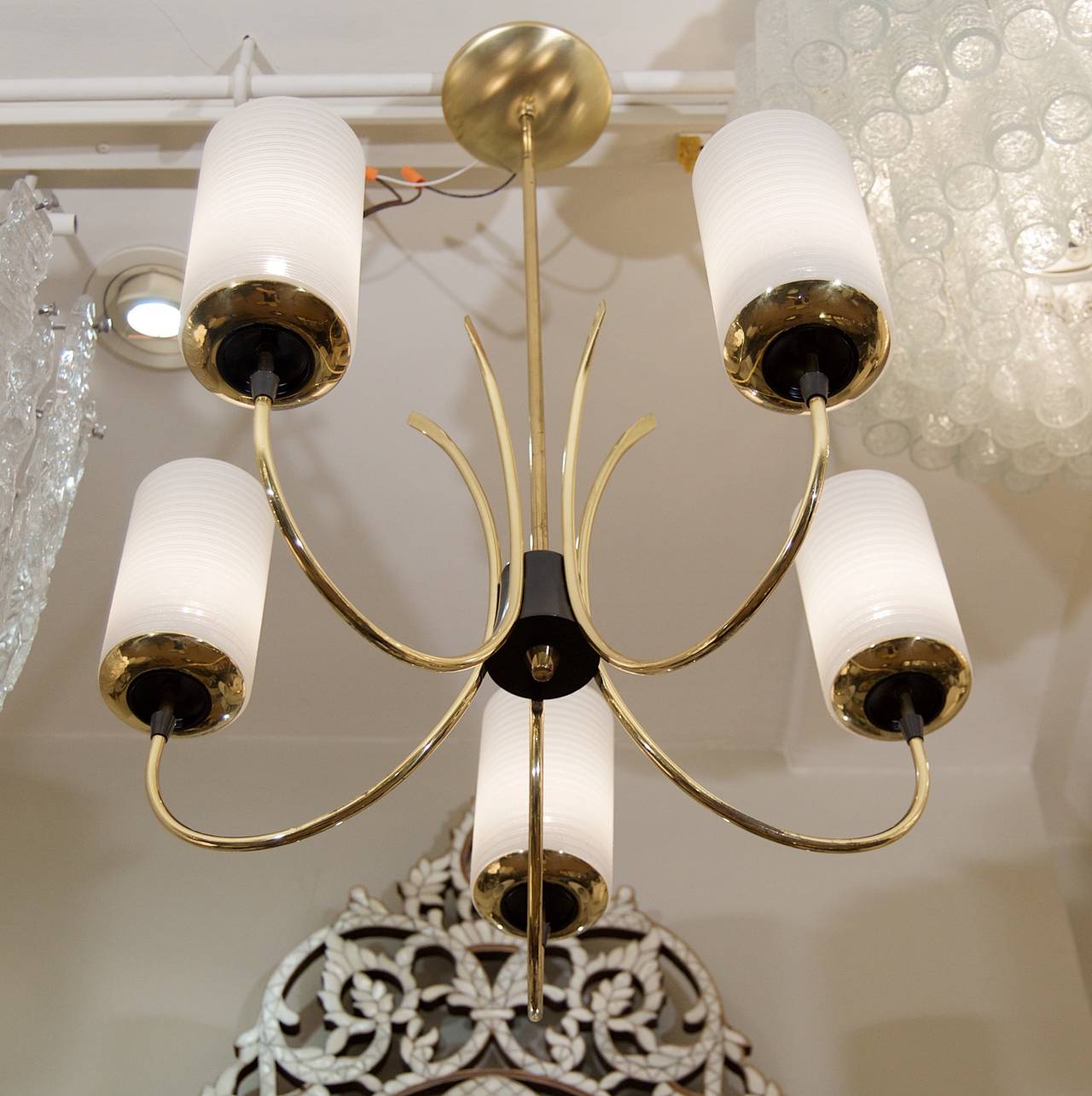 Enameled Five-Arm Chandelier in Brass with Cylindrical Glass Shades