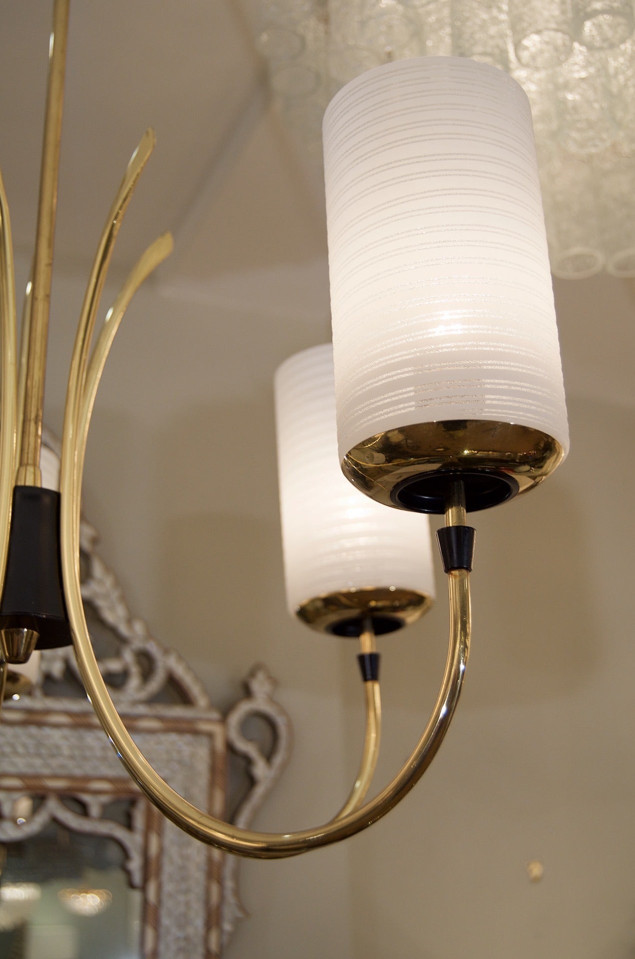 Mid-20th Century Five-Arm Chandelier in Brass with Cylindrical Glass Shades
