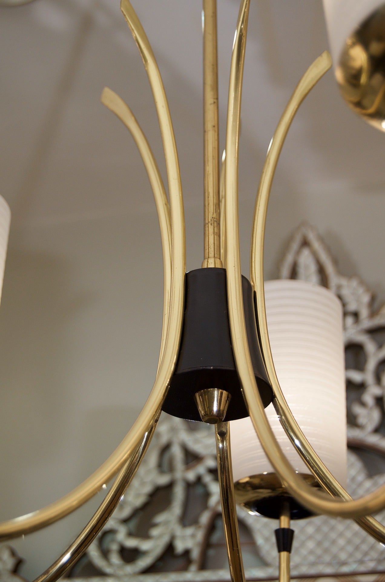 Five-Arm Chandelier in Brass with Cylindrical Glass Shades In Excellent Condition In Stamford, CT