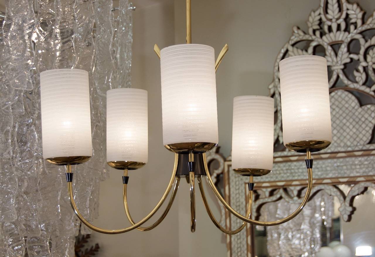 German Five-Arm Chandelier in Brass with Cylindrical Glass Shades