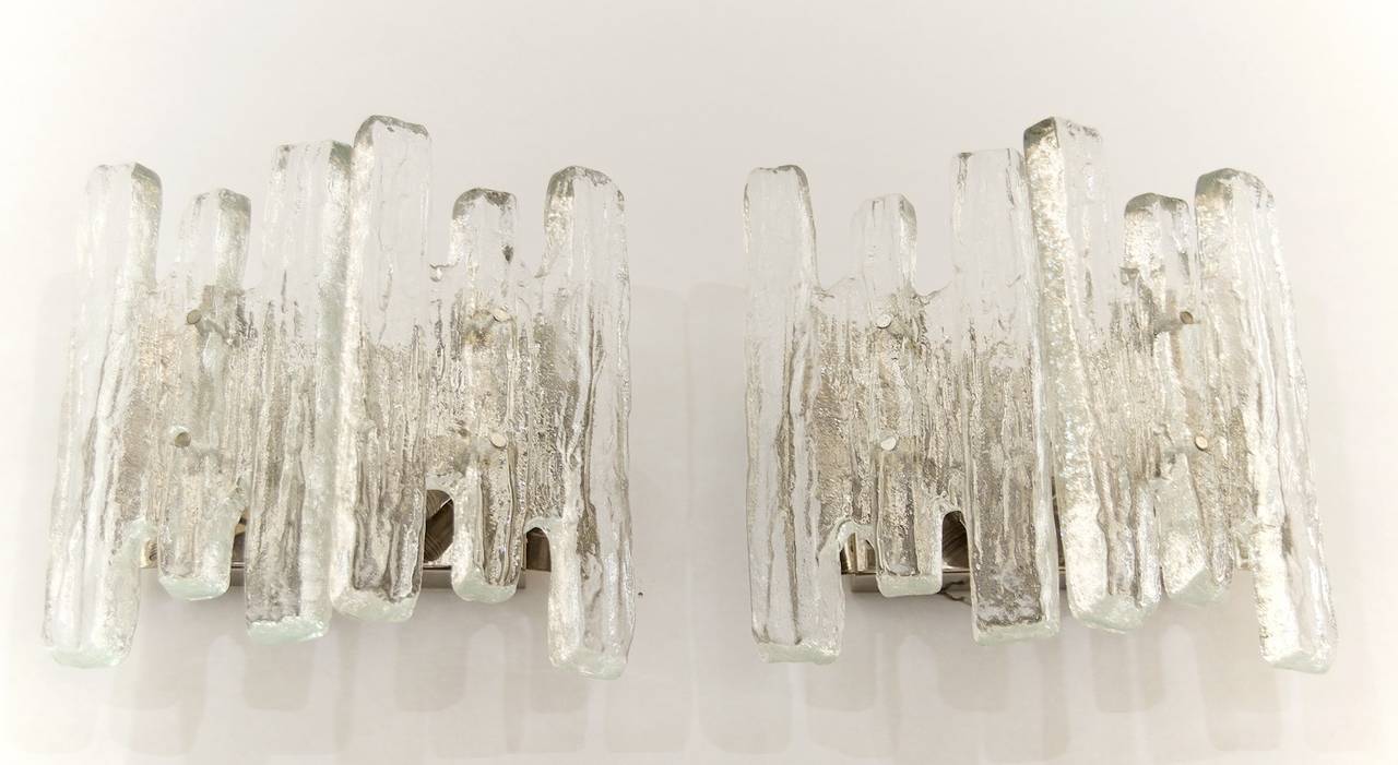 Mid-Century Modern Large Pair of Kalmar Ice Glass Sconces