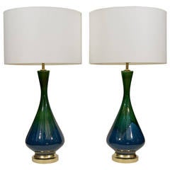 Elegant Pair of Green and Blue Ceramic Lamps with Gilt Hardware