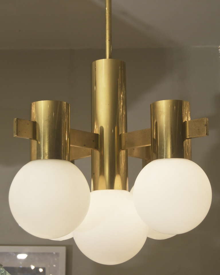 Mid-Century Modern Excellent Brass and Opal Glass Chandelier