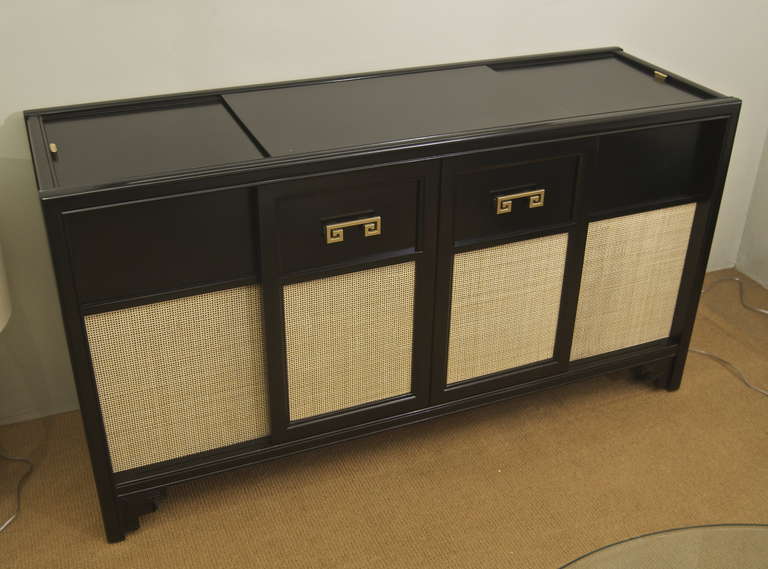 Mid-Century Modern Black Lacquer Credenza with Caned Panels and Greek Key Accent