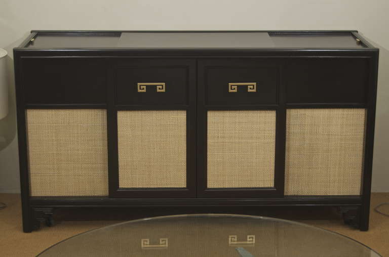 American Black Lacquer Credenza with Caned Panels and Greek Key Accent