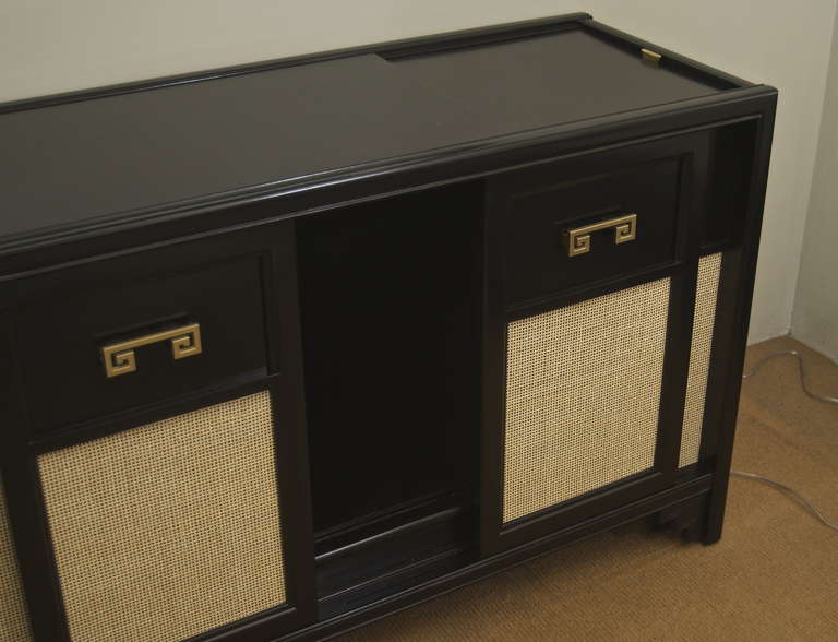 Black Lacquer Credenza with Caned Panels and Greek Key Accent In Excellent Condition In Stamford, CT