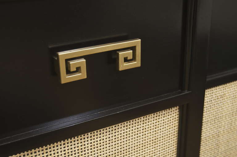 Black Lacquer Credenza with Caned Panels and Greek Key Accent 1
