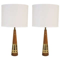 Pair of Conical Walnut and Brass Table Lamps by Tony Paul