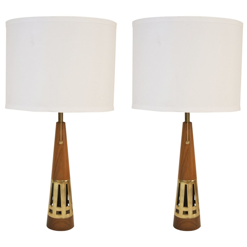 Pair of Conical Walnut and Brass Table Lamps by Tony Paul