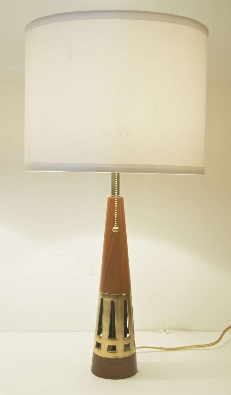 American Pair of Conical Walnut and Brass Table Lamps by Tony Paul