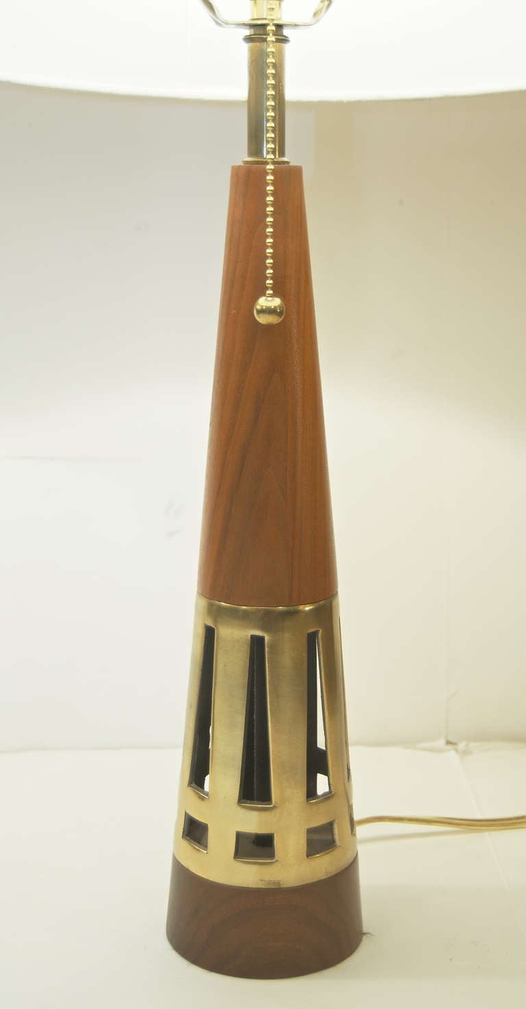 Pair of Conical Walnut and Brass Table Lamps by Tony Paul In Excellent Condition In Stamford, CT
