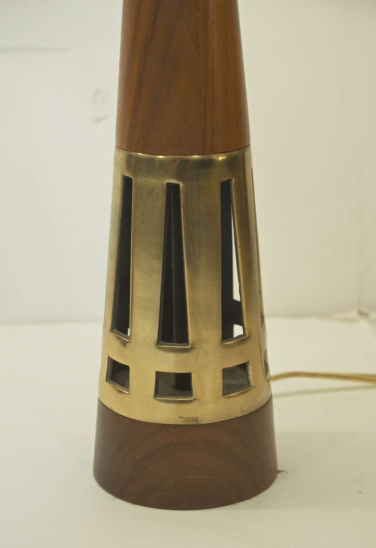 Mid-20th Century Pair of Conical Walnut and Brass Table Lamps by Tony Paul