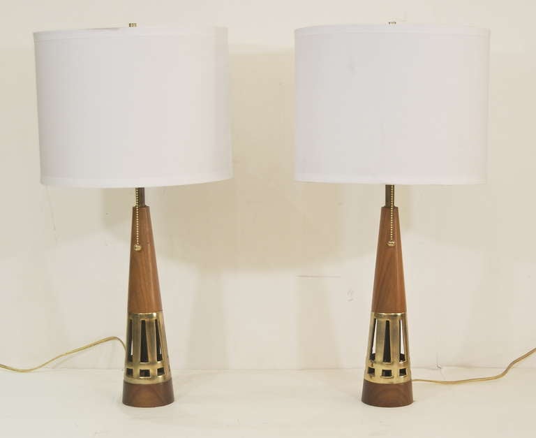 Wood Pair of Conical Walnut and Brass Table Lamps by Tony Paul