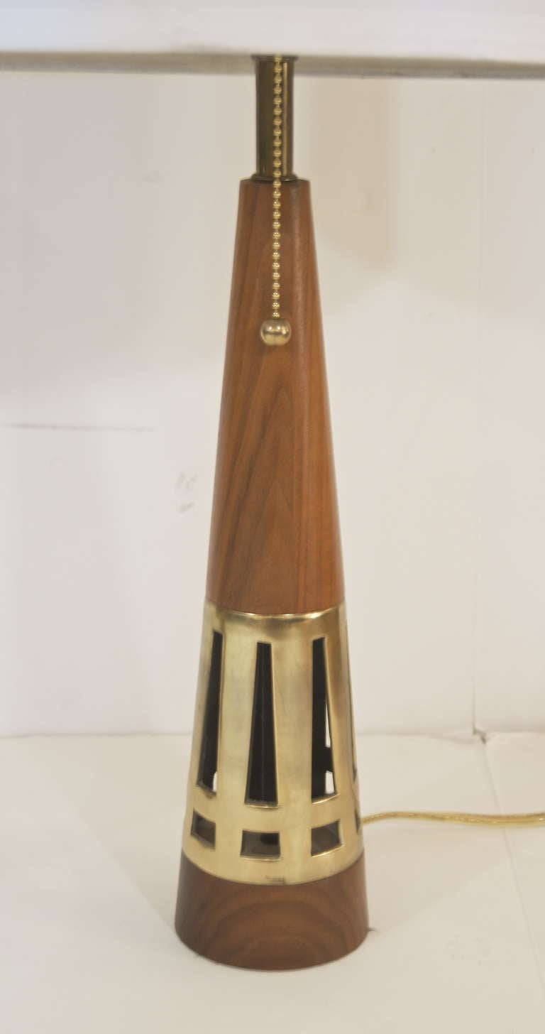 Pair of Conical Walnut and Brass Table Lamps by Tony Paul 1