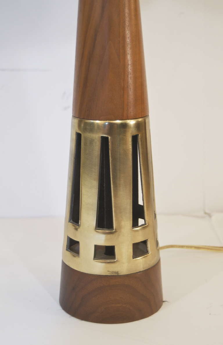 Pair of Conical Walnut and Brass Table Lamps by Tony Paul 2