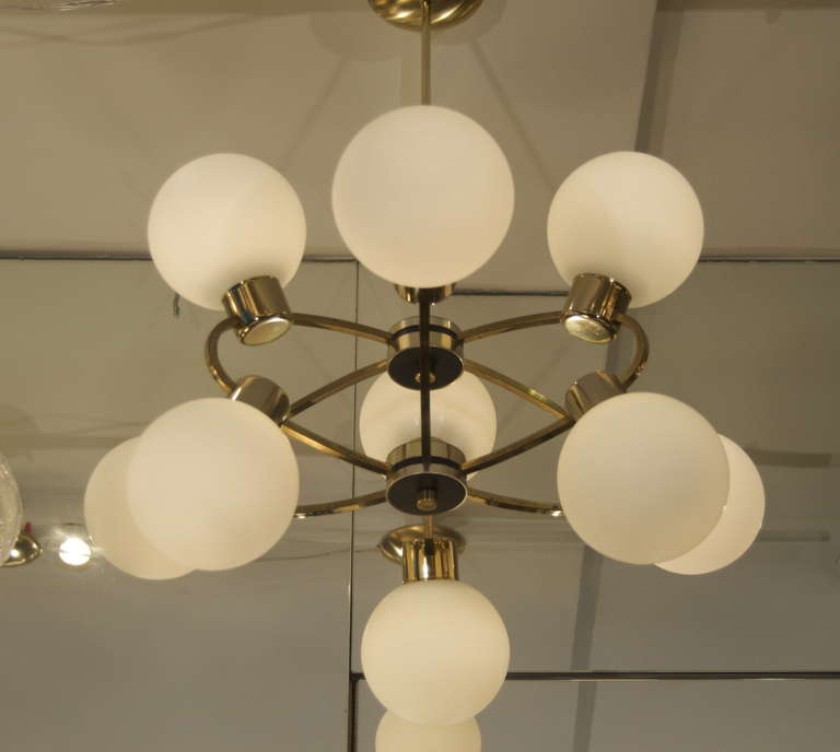Orbital Brass Chandelier with Nine Opal Glass Globes at 1stdibs