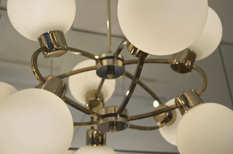 Orbital Brass Chandelier with Nine Opal Glass Globes at 1stdibs