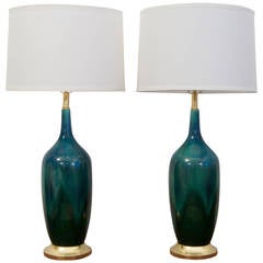 Pair of Green and Blue Glazed Bottle Form Lamps with Gilt Hardware