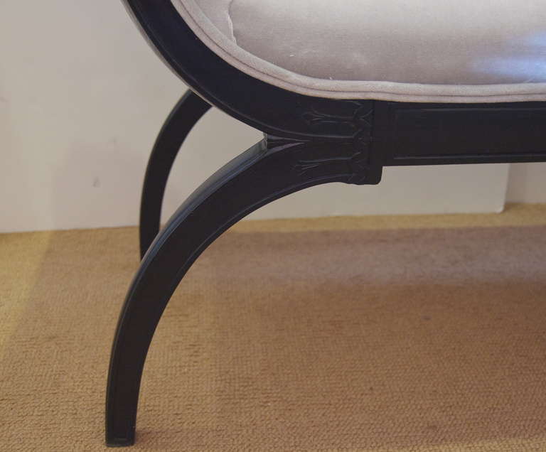 French Jansen Style Black Lacquer Bench with Velvet Upholstery